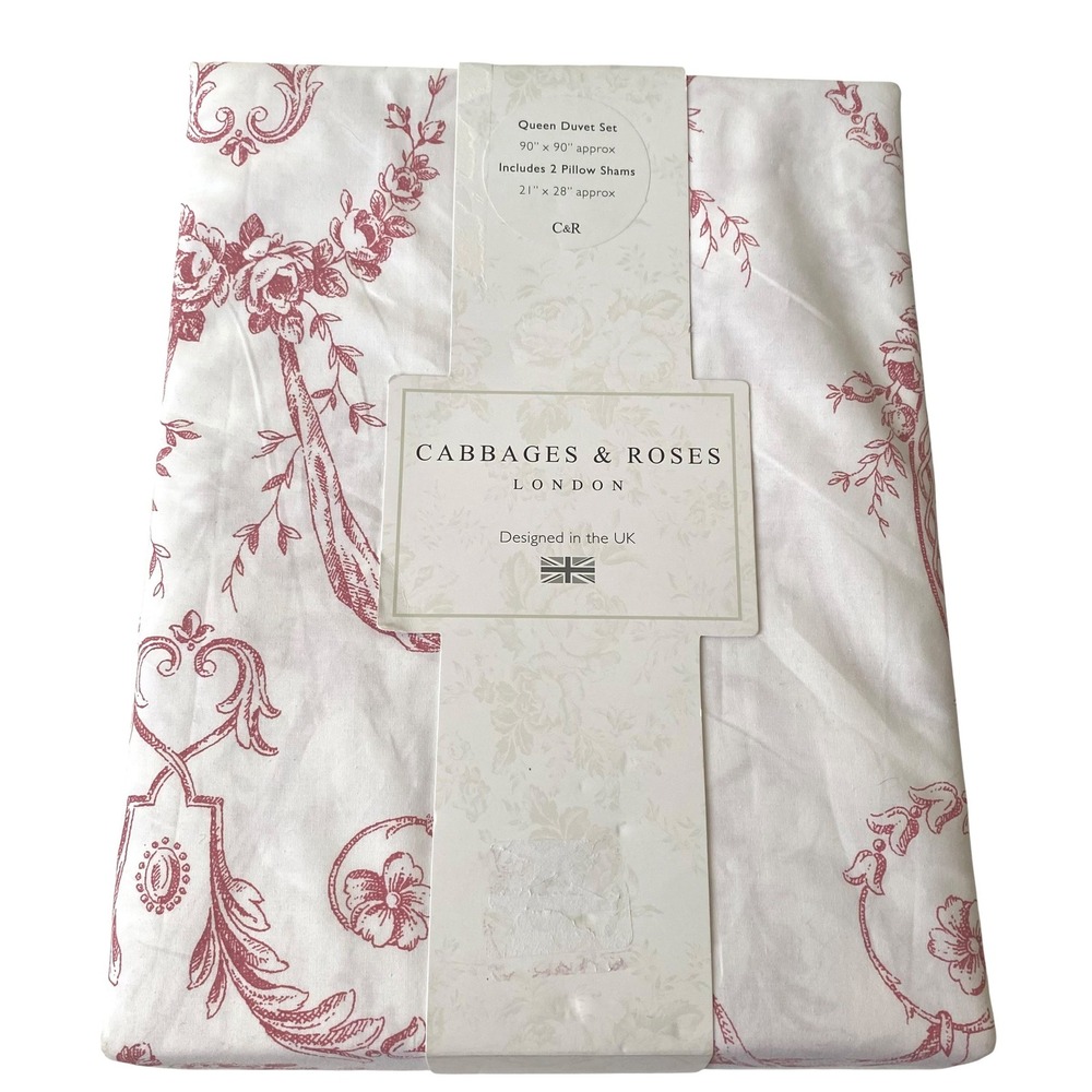 Cabbages & Roses London Queen Duvet Set Floral Toile Berry Red Cotton Christmas